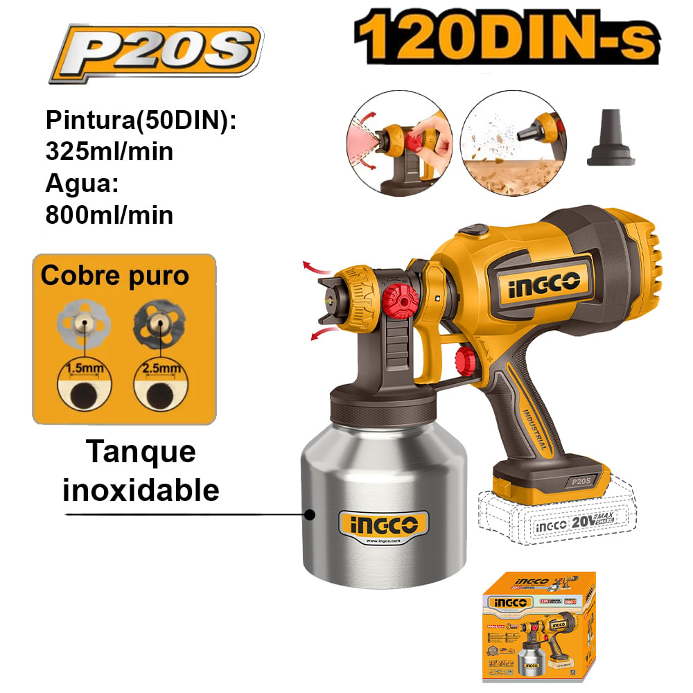 Pistola para Pintar Tanque Inoxidable Ingco 20V 800ML 120DIN-S CSGLI20041