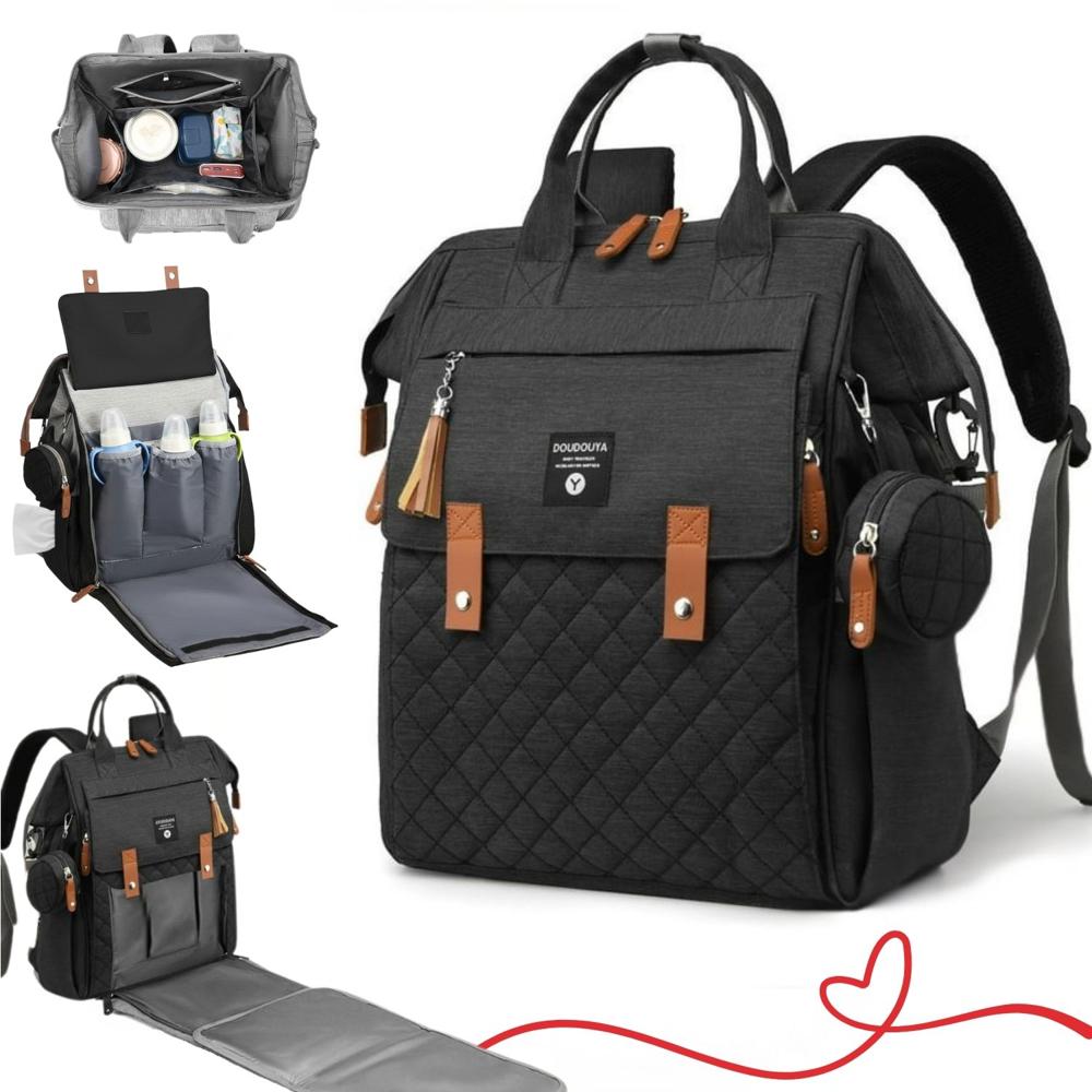 MOCHILA PAÑALERA LUXURY BAG 4 EN 1 MULTIFUNCIONAL, CAMBIADOR, TÉRMICO, IMPERMEABLE NEGRO