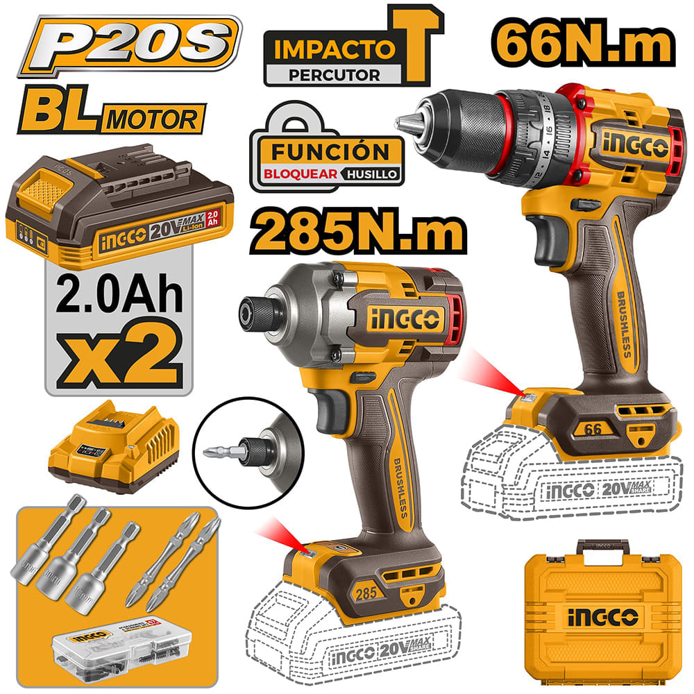 Kit Percutor Brushless Ingco 66NM con Atornillador de Impacto Brushless 20V 285NM CKLI20277