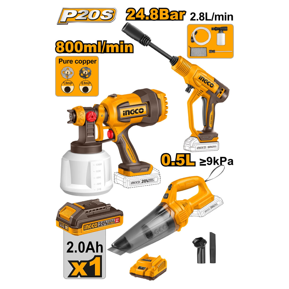 Combo Pistola de Pintar Ingco CSGLI2004 con Hidrolavadora CPWLI20362 con Aspiradora CVLI201261