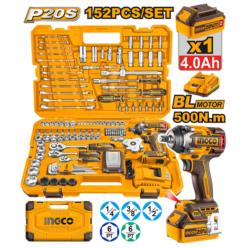 Set Llave de Impacto Brushless Ingco 20V 500NM con 152 Herramientas HKTHP31521