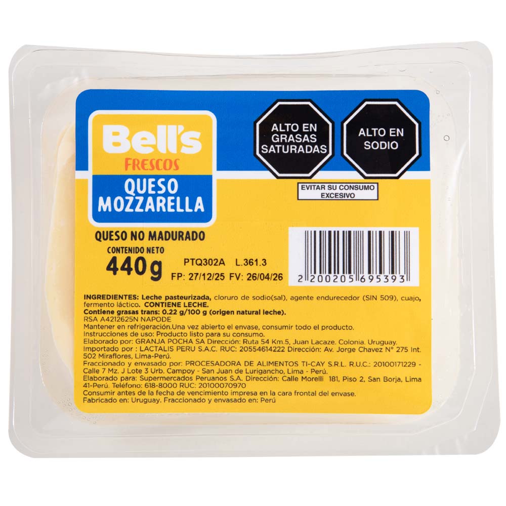 Queso Mozzarella BELL'S Paquete 440g