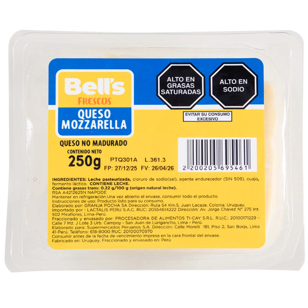 Queso Mozzarella BELL'S Paquete 250g