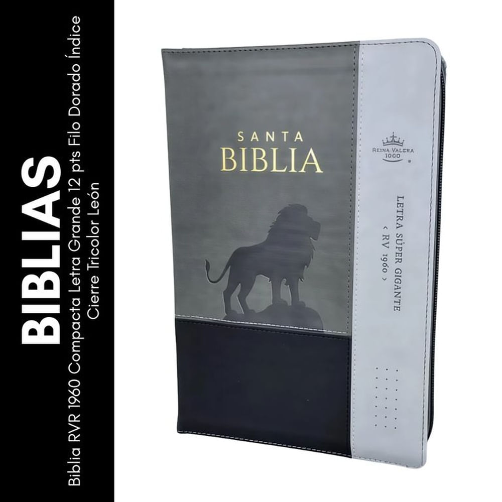 Biblia RVR 1960 Compacta Letra Grande 12 pts Filo Dorado Índice Cierre Tricolor León