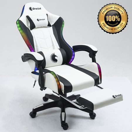 Silla Gamer Ergonómica Dreizt Shine RGB Series Blanco Luces Con Posapies Reclinable