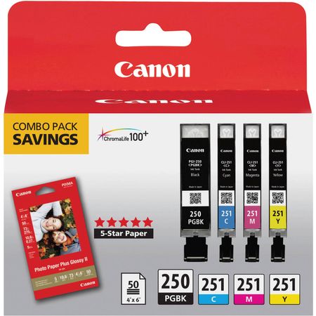 Combo Pack de 4 Cartuchos Canon Pgi 250 Cli 251 con Papel Fotográfico 4 X 6 50 Hojas 1026799-REG