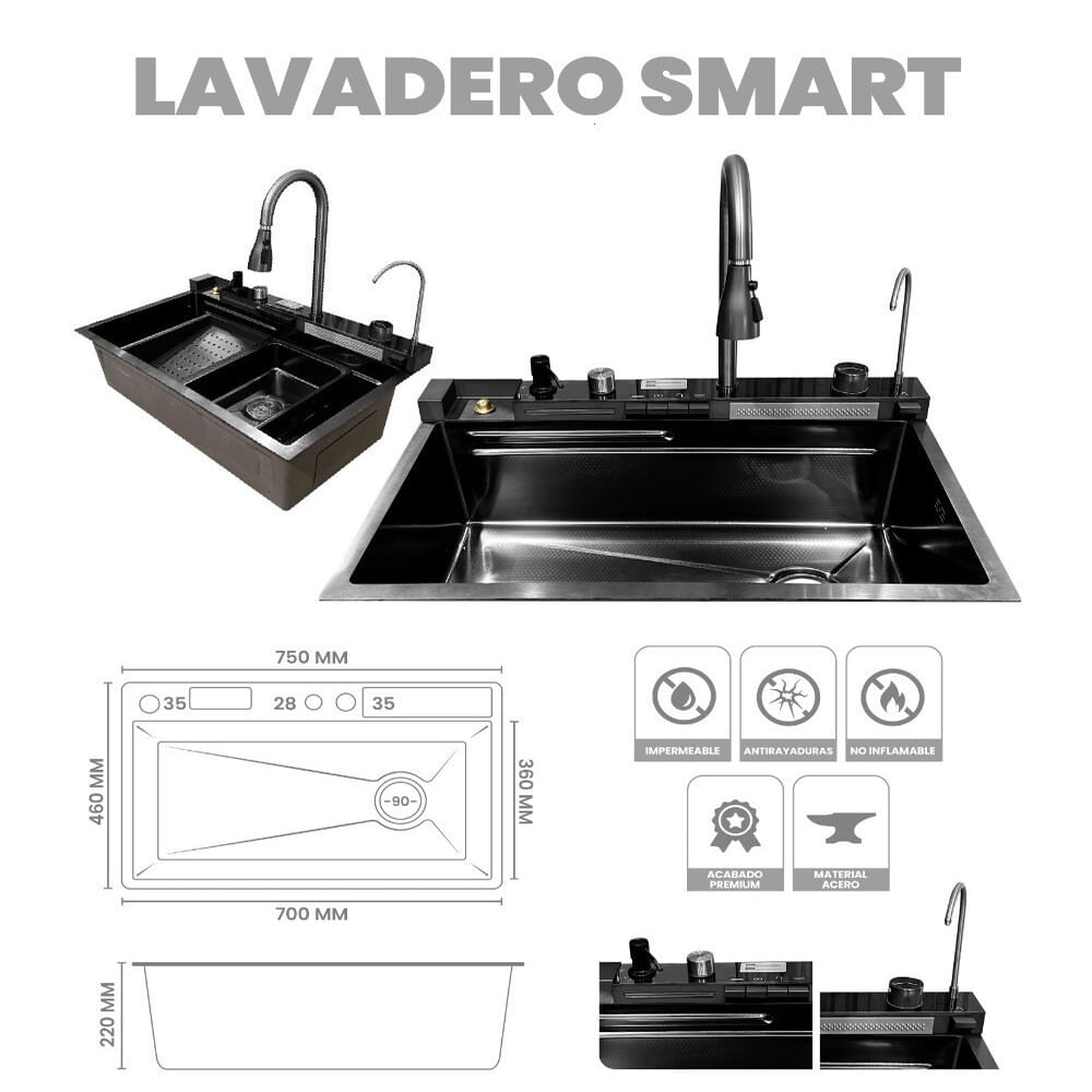 Lavadero Multifuncional Digital 5 Teclas Acero Inoxidable Negro