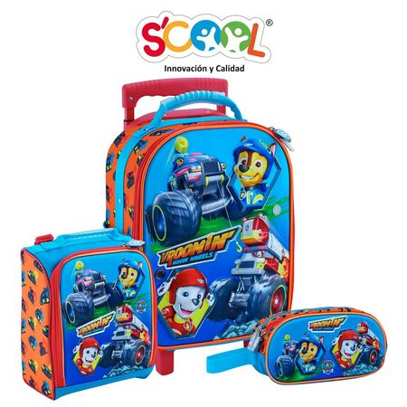 Pack Mochila Con Ruedas Carry On + Lonchera + Cartuchera Paw Patrol Luces
