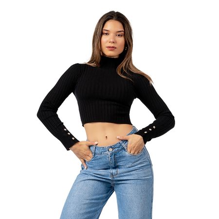 Chompa Crop Cuello Alto de Cashemira Color Negro M