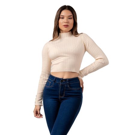 Chompa Crop de Cashemira Cuello Alto Color Crema M