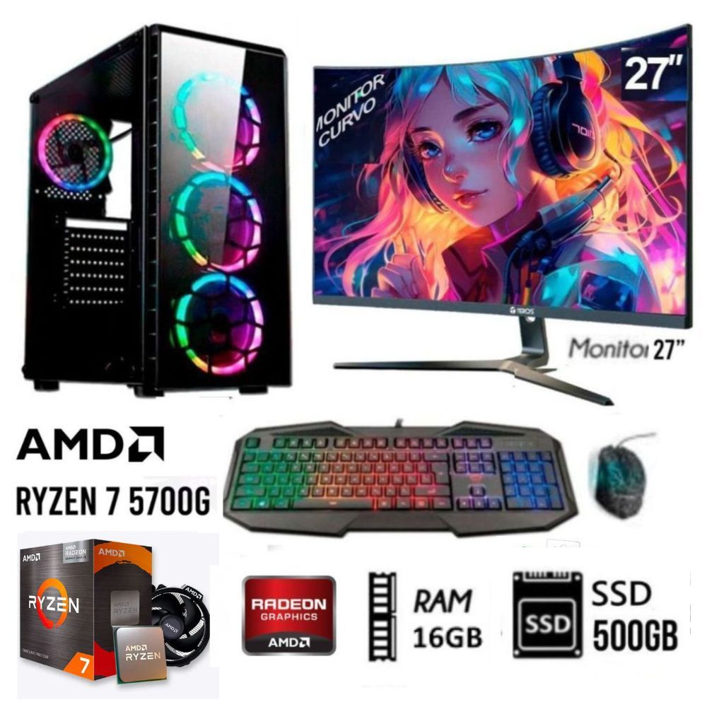 Computadora PC Gamer RYZEN 7-5700G Ram16GB Disco SSD 500GB Monitor 27FHD