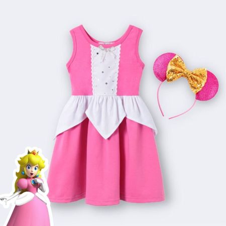 Vestido  de Niña Princesa Peach + Vincha Rosado Talla 4 Años