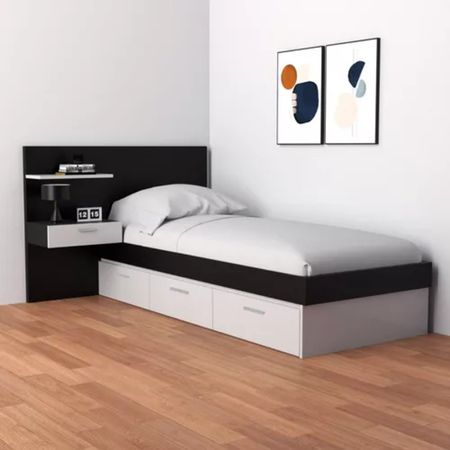 Cama Juvenil + Cabecera + Mesa de Noche Janeiro color Blanco/Negro 3 cajones TU MESITA
