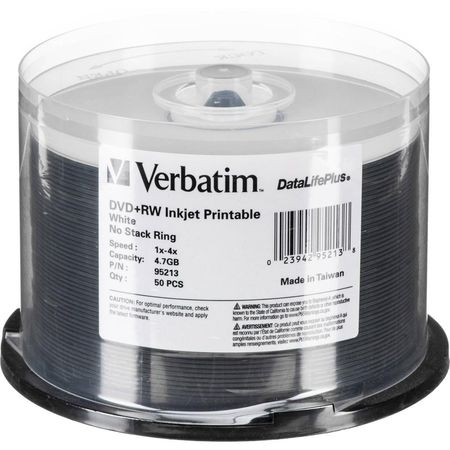 Discos Verbatim DVD+RW Regrabables 4.7GB 4x (50 Pk, Blanco, Impresionables por Inyección de Tinta, C 419077-REG