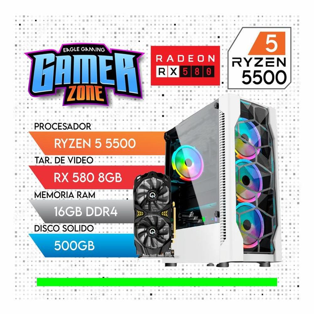PC GAMER RYZEN 5 5500-RX580 8GB -SSD 500GB-16GB RAM- CASE WHITE BLANCO RGB