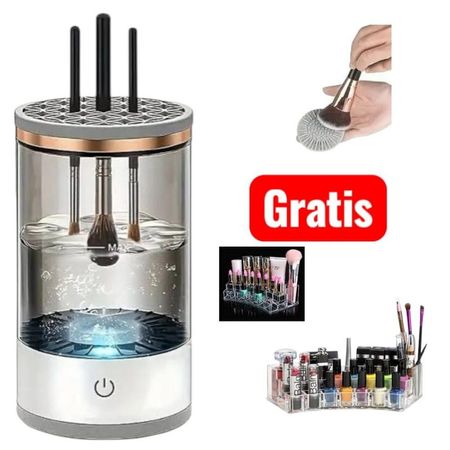 Limpiador Eléctrico Brochas Vibración + Organizador Maquillaje GRIS