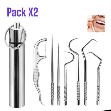 2Kit de Herramientas de Limpieza de Dientes de Acero Inoxidable 7 en 1 Gris