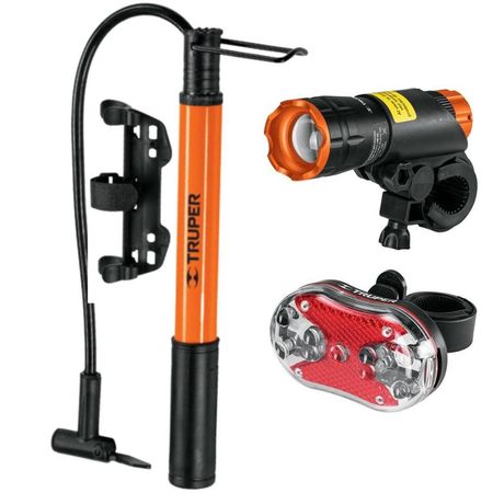 kit inflador de bicicleta 60 PSI +luces linterna Truper Naranja