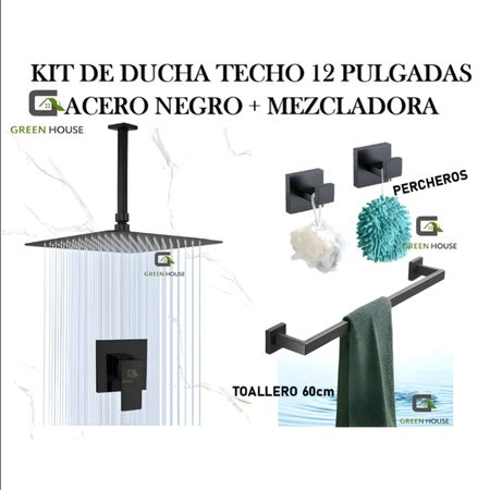 KIT DE DUCHA TECHO 12 PULGADAS ACERO NEGRO MATE
