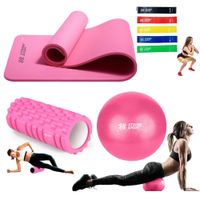 Combo Fitness Yoga Mat Antideslizante - Ligas - rodillo Roller -Pelota25cm Rosa