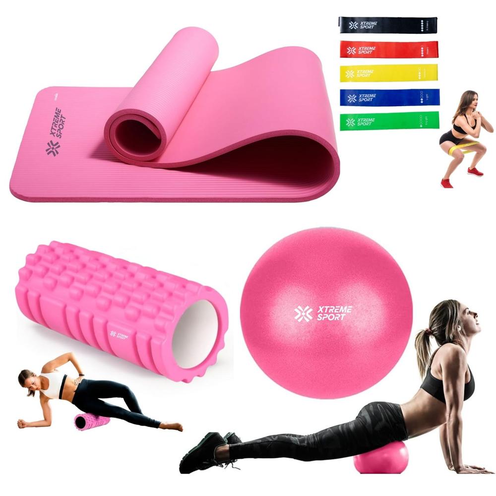 Combo Fitness Yoga Mat Antideslizante - Ligas - rodillo Roller -Pelota25cm Rosa