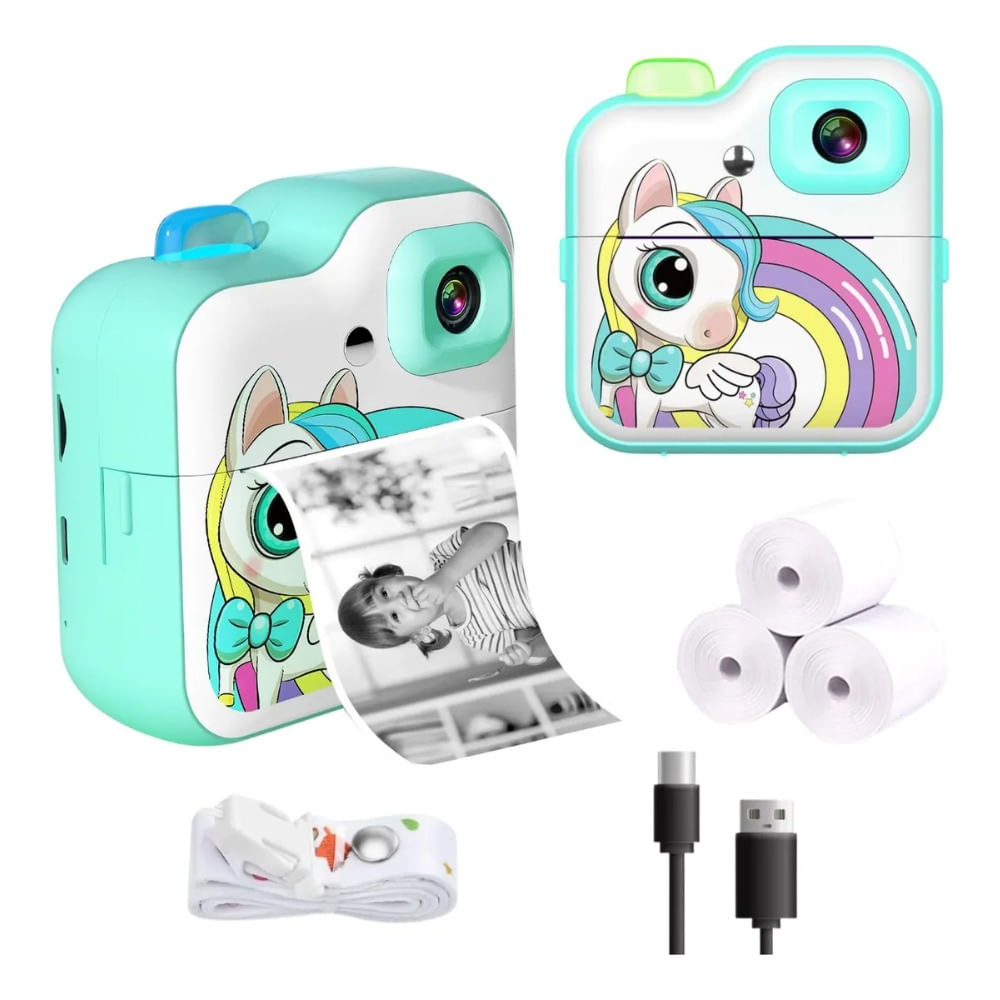 Cámara Para Niños 1080p Con Impresora Térmica Unicornio Turquesa