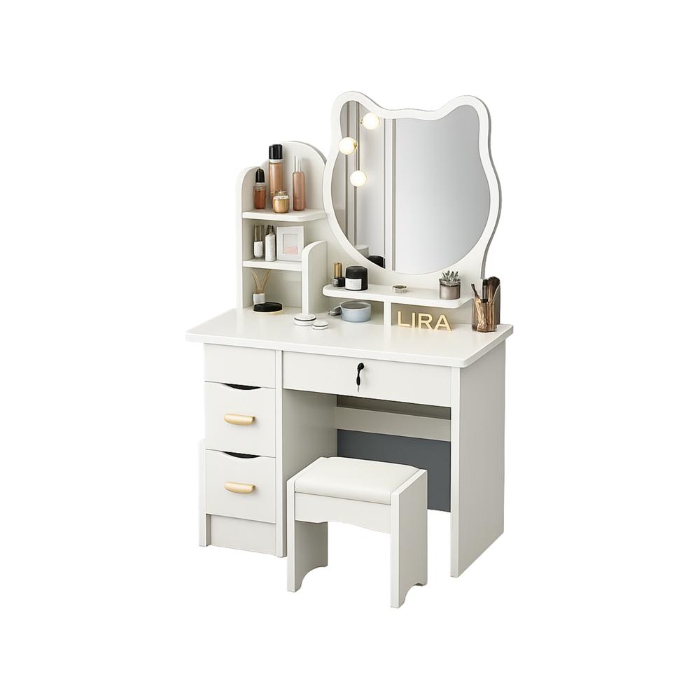 Tocador Blanco con Espejo y Silla con Cajones Organizadores