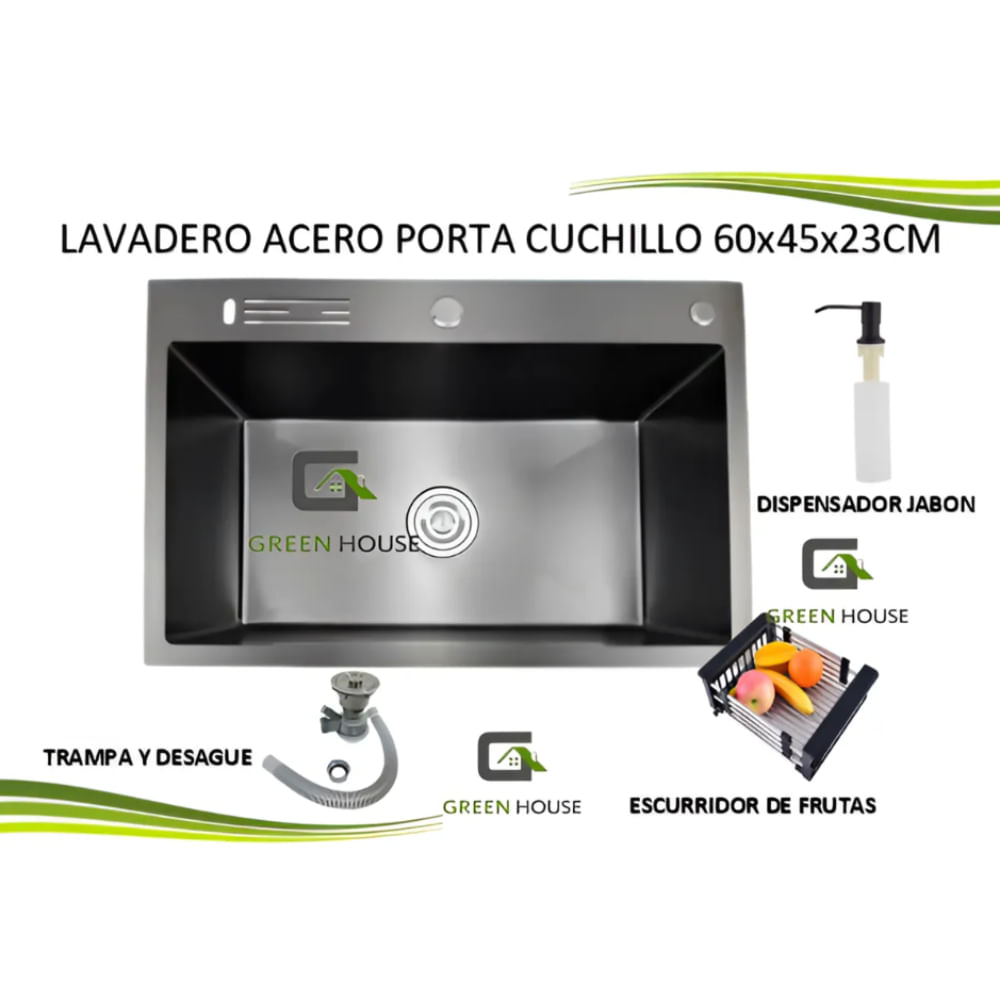 LAVADERO ACERO NEGRO MATE PORTA CUCHILLO 60x45x23CM