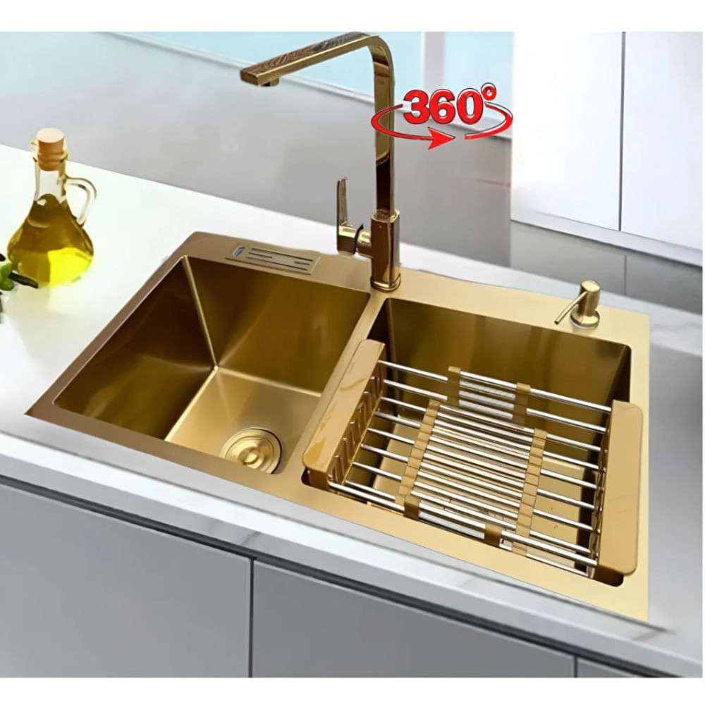 COMBO LAVADERO DE COCINA 2 POZAS  MEZCLADORA DORADA BRILLANTE