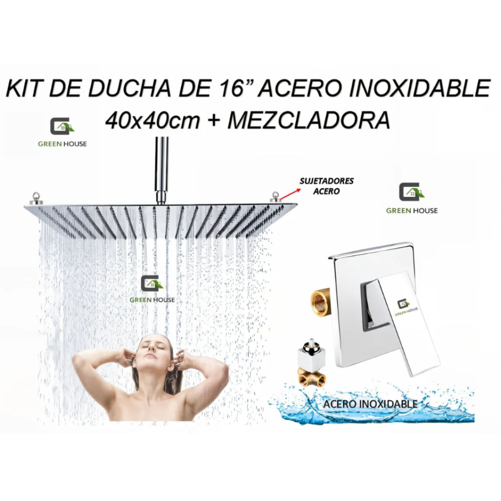 KIT DE DUCHA ESPAÑOLA 16 ACERO INOXIDABLE 40x40cm  MEZCLADORA DE DUCHA