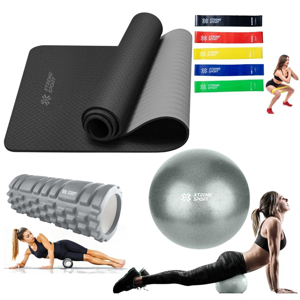 Combo Fitness Yoga Mat Antideslizante - Ligas - rodillo Roller - Pelota25cm Gris