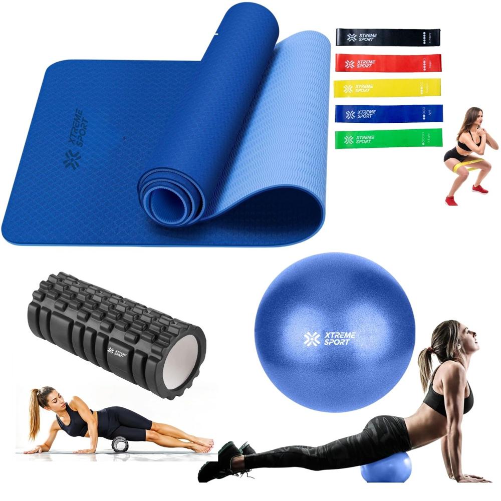 Combo Fitness Yoga Mat Antideslizante  - Ligas - rodillo Roller - Pelota25cm Azul