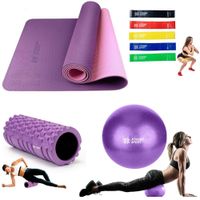 Combo Fitness Yoga Mat Antideslizante - Ligas - rodillo Roller - Pelota25cm Morado