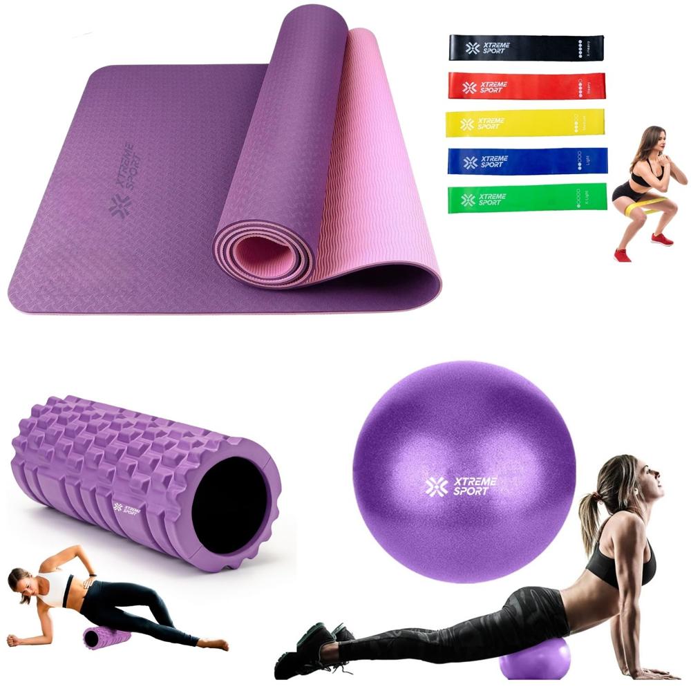 Combo Fitness Yoga Mat Antideslizante - Ligas - rodillo Roller - Pelota25cm Morado
