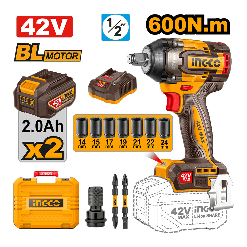 Lllave de Impacto Brushless Ingco 42V 600NM con 2 Baterías con Cargador CIWLI42602