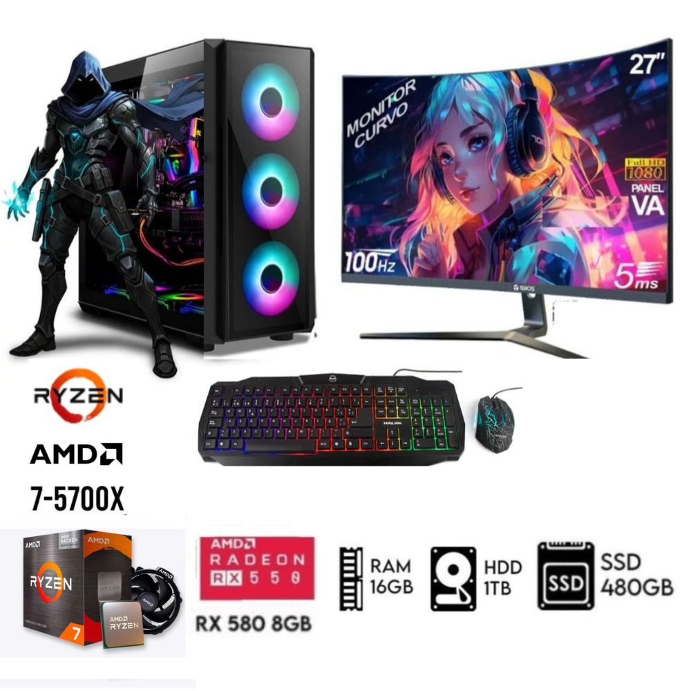 Computadora PC GAMER Ryzen 7-5700X  Ram16GB Disco HDD 1TB  SSD 480GB   RX 580 8GB  m27