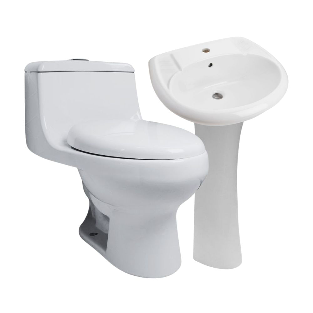 COMBO Trebol: Inodoro One Piece Advance 2.0 + Asiento Blanco + Lavatorio Ovalado Blanco + Pedestal Universal Loza Blanco Vitrificado