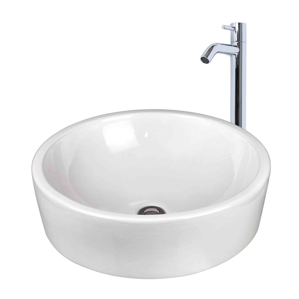 COMBO Trebol: Ovalin Circular Priano 37cm Blanco + Llave de Lavatorio al Mueble Memphis Alta Plata Cromada