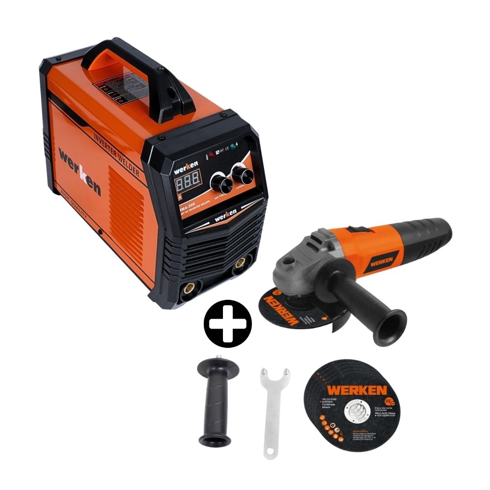 COMBO Amoladora KF-AG15-WC 115mm 800W + 5 Discos + Soldadora Inversora 200 Amp Werken