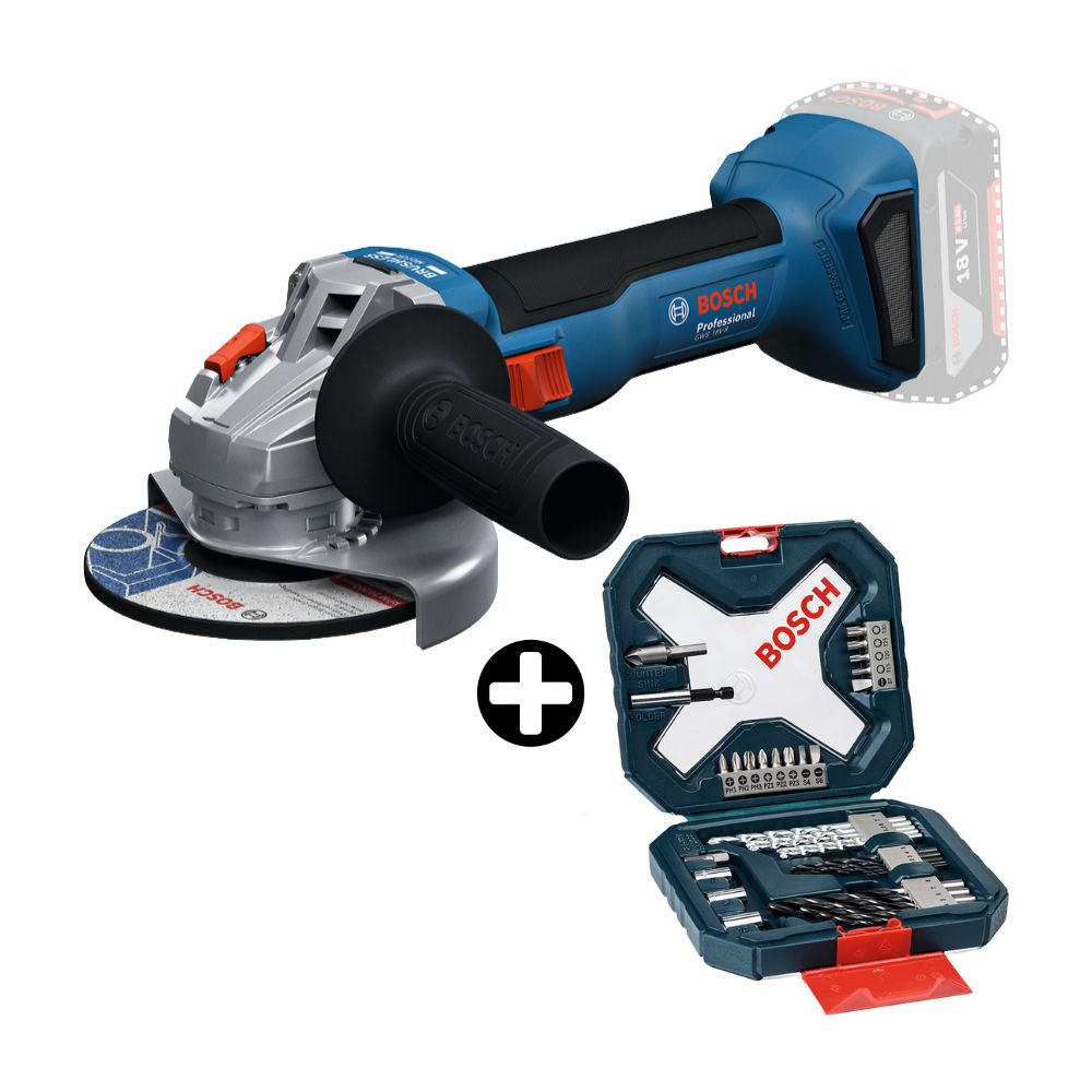 COMBO Bosch: Amoladora Inalámbrica GWS18v-8 sin Bateria + Set de Brocas Xline 34 piezas