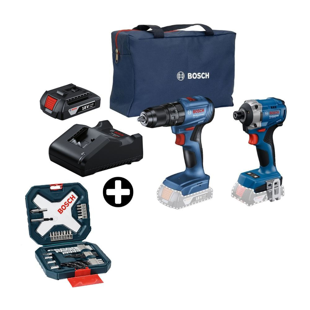 COMBO Bosch: Taladro GSB 185-li + Llave de impacto GDR 18v-215 + Bolso + Set de Brocas Xline 34 piezas