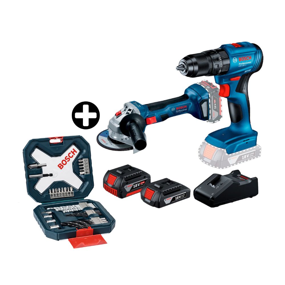 COMBO Bosch: Taladro percutor inalámbrico 1/2" 18V GSB185-LI + Amoladora GWS180-LI 18V + Set de Brocas Xline 34 piezas