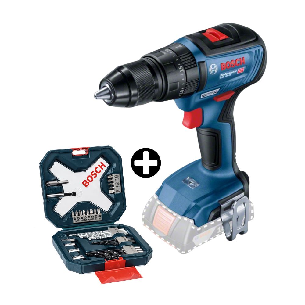 COMBO Bosch: Taladro Atornillador percutor 18V GSB 18V-50 Brushless + Set de Brocas Xline 34 piezas