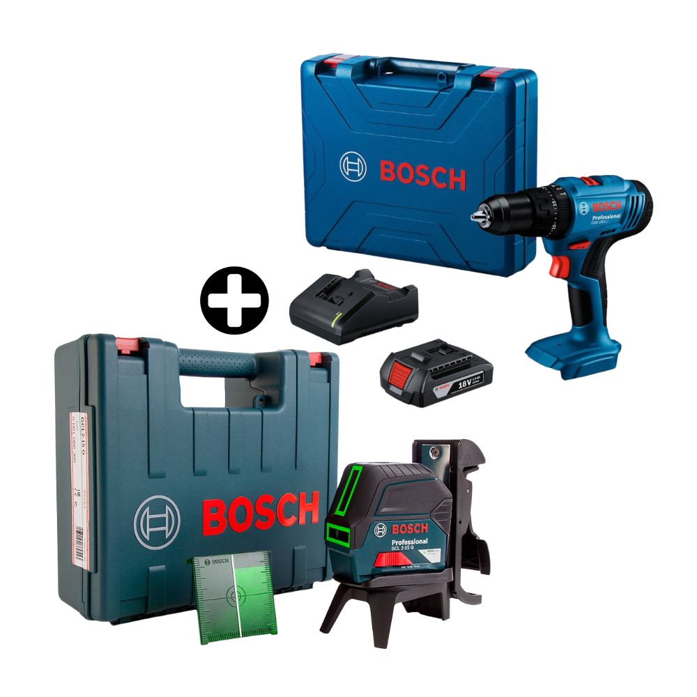 COMBO Bosch: Taladro Percutor Inalámbrico GSB 183-LI + Batería + Cargador + Maletín + Nivel Láser GCL 215G Verde Profesional