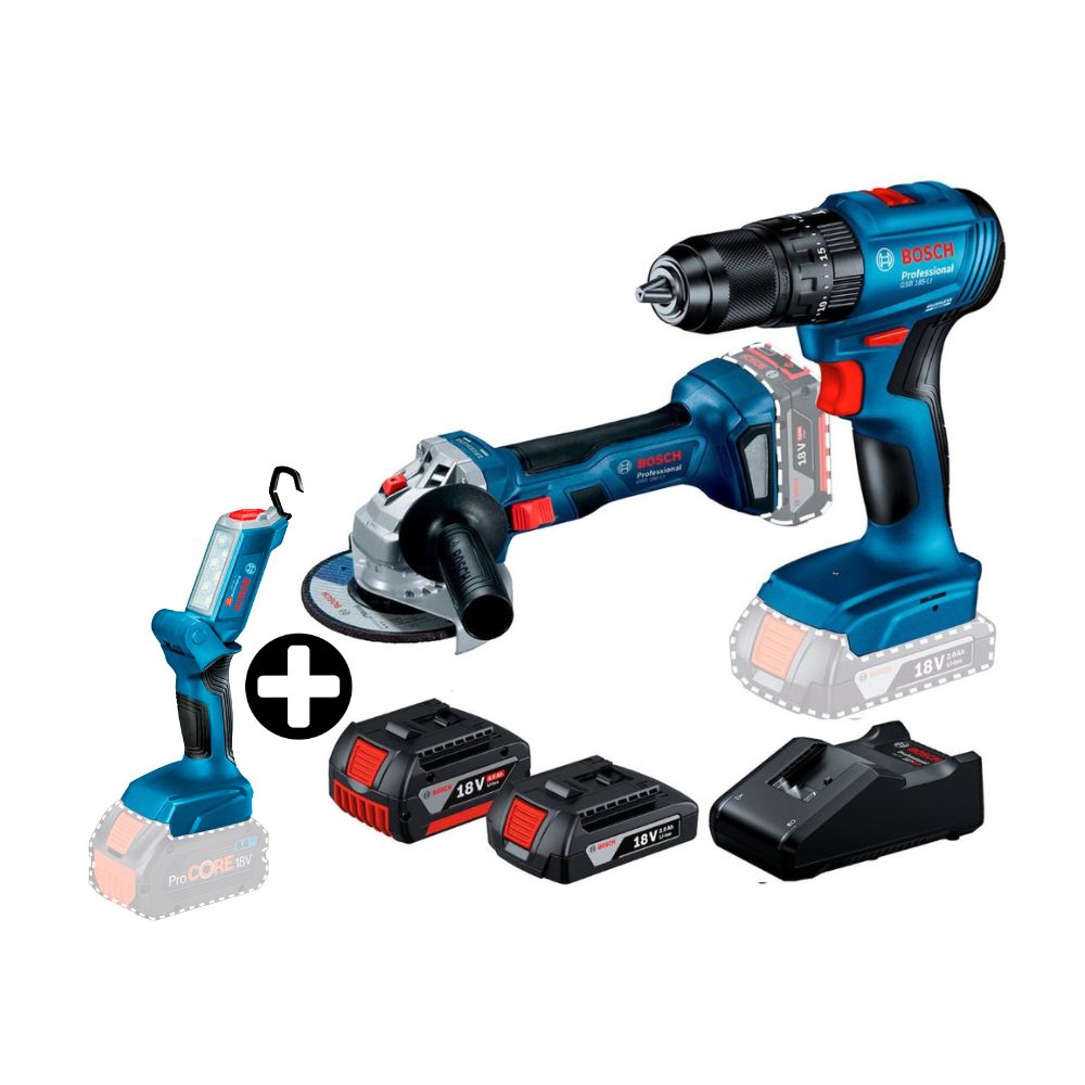COMBO Bosch: Taladro percutor inalámbrico 1/2" 18V GSB185-LI + Amoladora GWS180-LI 18V + Linterna GLI 18V-300 sin Bateria