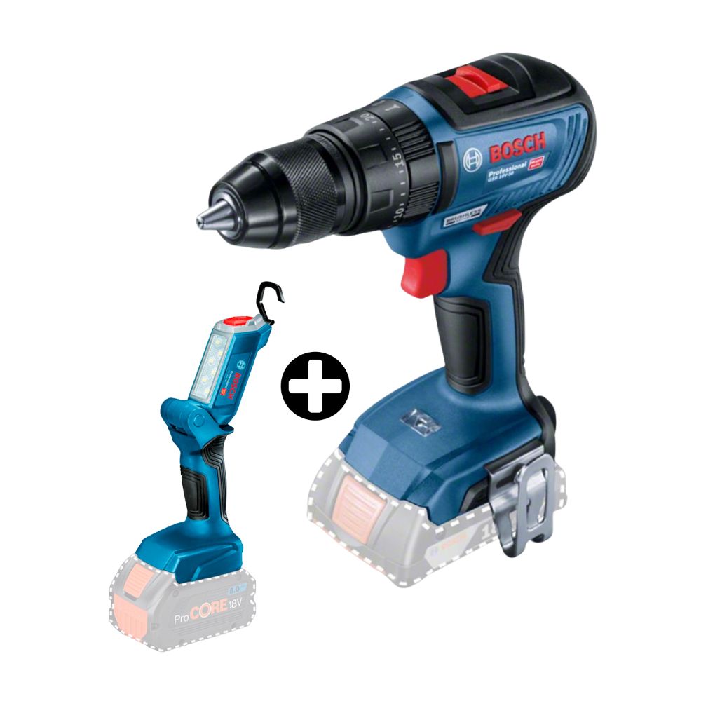 COMBO Bosch: Taladro Atornillador percutor 18V GSB 18V-50 Brushless + Linterna GLI 18V-300 sin Bateria