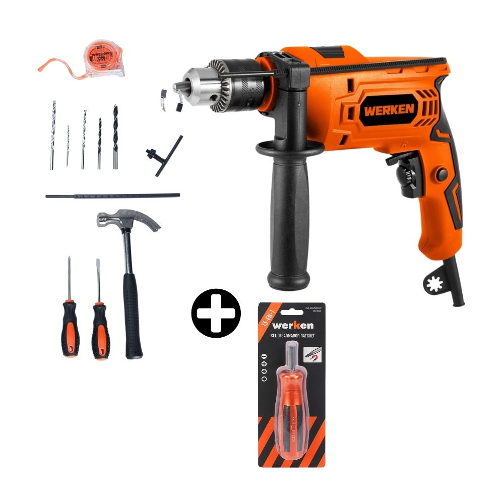 COMBO Taladro Percutor KF-ID20+KF-6030 550W + 12 Accesorios + Set desarmador 13 In 1 Ratchet Werken