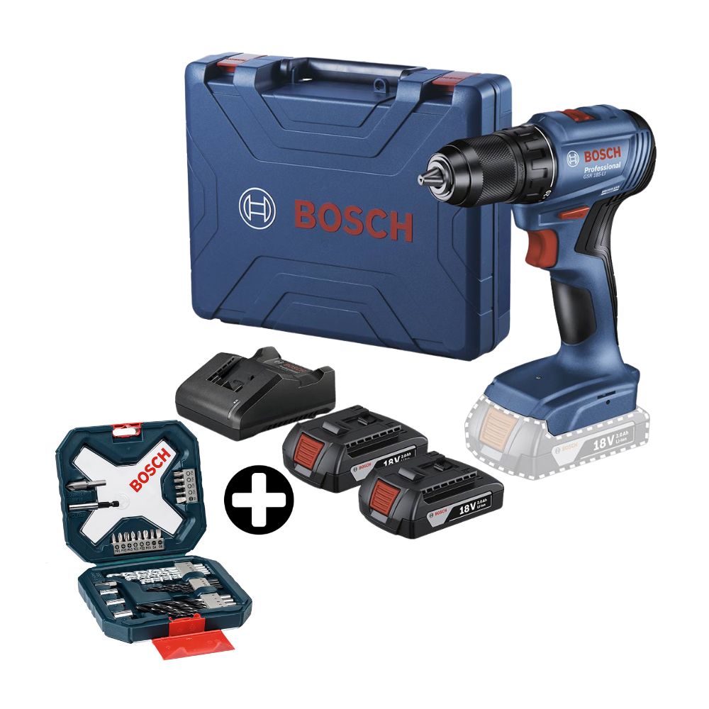 COMBO Bosch: Atornillador GSR 185-LI + 2 Baterías + Cargador + Maleta + Set de Brocas Xline 34 piezas