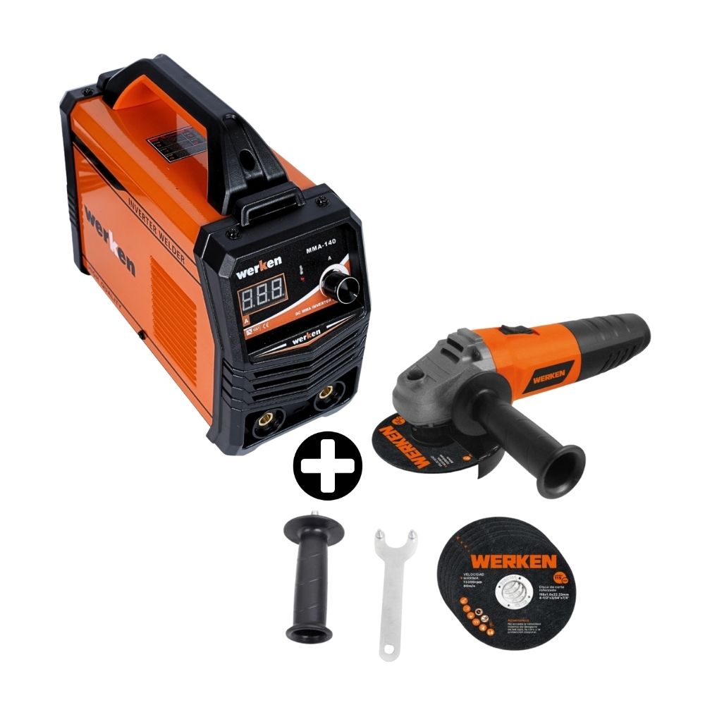 COMBO Amoladora KF-AG15-WC 115mm 800W + 5 Discos + Soldadora Inversora 140 Amp Werken