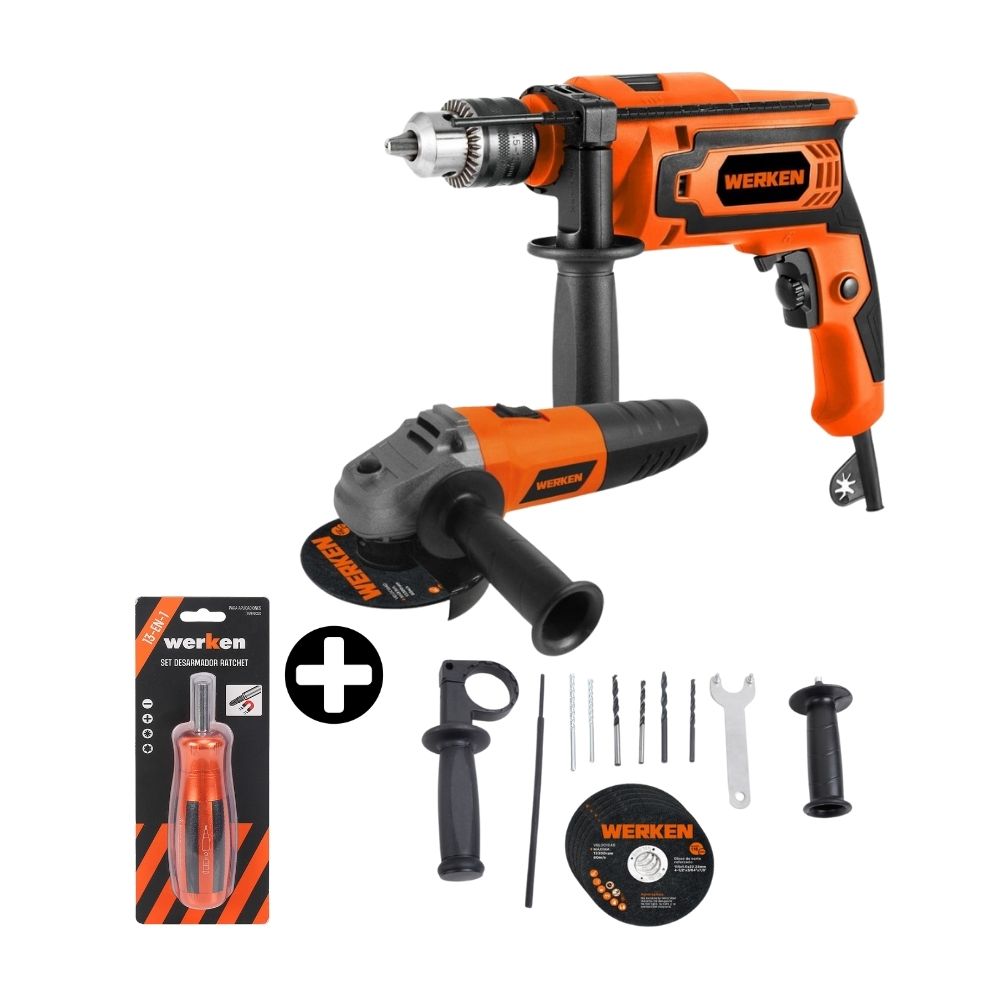 COMBO Taladro KF-AG15+KF-ID21-BMC 650W + Amoladora 800W + 16 Accesorios + Set desarmador 13 In 1 Ratchet Werken